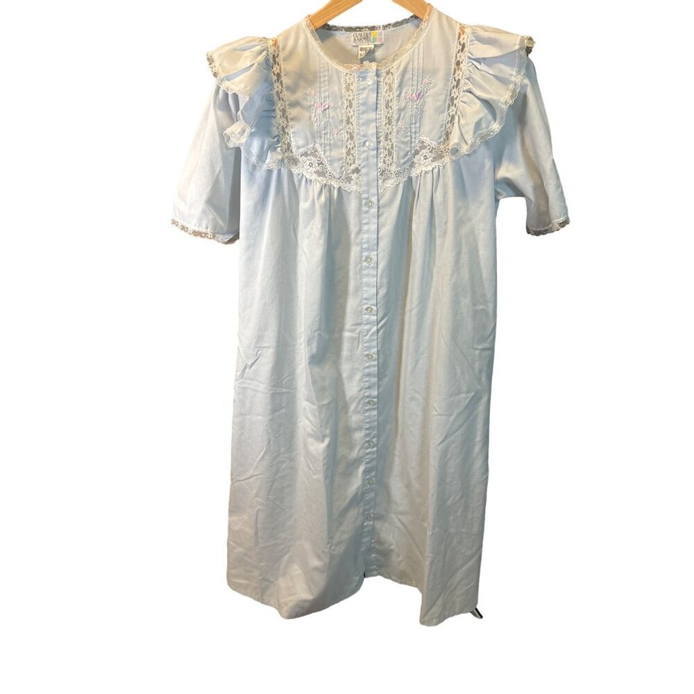 Vintage Claudia Barnes Nightgown Ruffled Lace Smocking Blue Button Front Size M